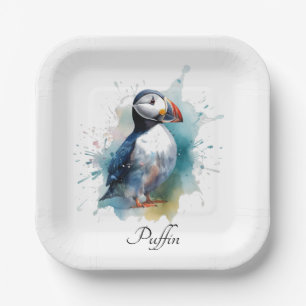 Cute puffin in blue watercolor paper plate