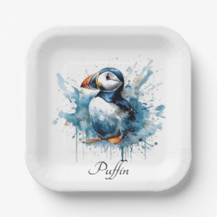 Cute puffin in blue watercolor paper plate
