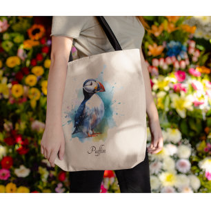 Cute puffin in blue watercolor tote bag