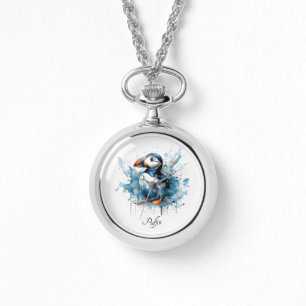 Cute puffin in blue watercolor watch