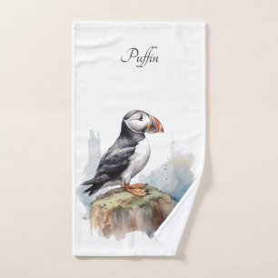 Cute Puffin on a rock customisable Bath Towel Set