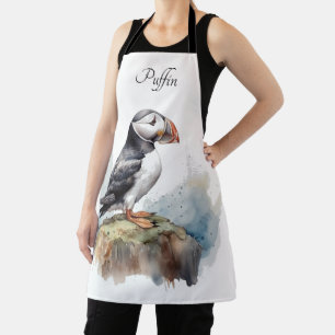 Cute Puffin on a rock in watercolor Apron