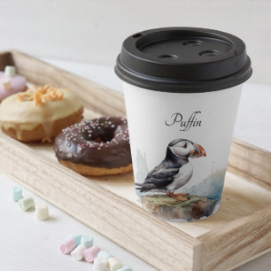Cute Puffin on a rock in watercolor, customisable Paper Cups