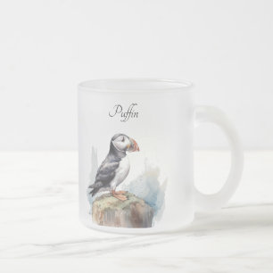 Cute Puffin on a rock in watercolor Frosted Glass Coffee Mug