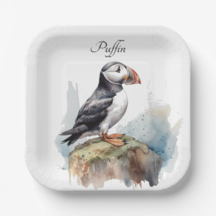 Cute Puffin on a rock in watercolor Paper Plate