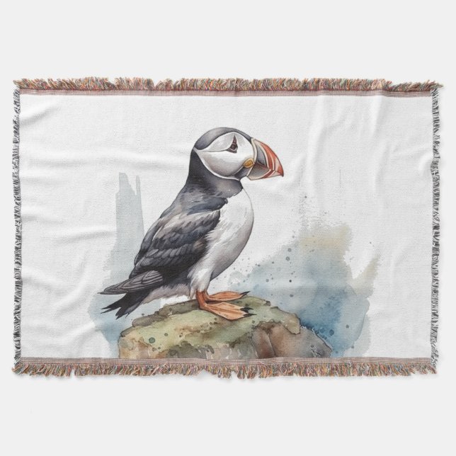 Cute Puffin on a rock in watercolor Throw Blanket (Front)