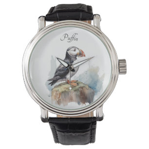 Cute Puffin on a rock in watercolor Watch