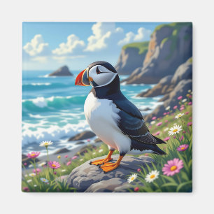 Cute Puffin on the Seashore themed Magnet