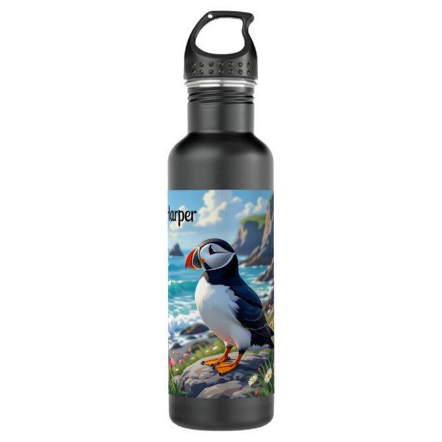 Cute Puffin on the Seashore themed Personalised 710 Ml Water Bottle (Front)