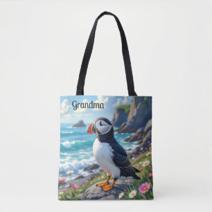 Cute Puffin on the Seashore themed Personalised Tote Bag