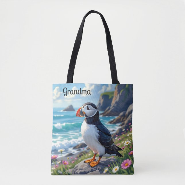 Cute Puffin on the Seashore themed Personalised Tote Bag (Front)