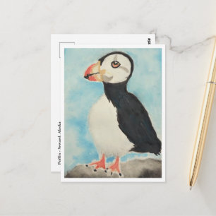 Cute Puffin Watercolor Alaska Animal Art Postcard