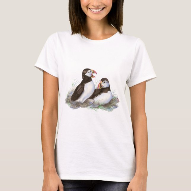 Cute Puffins, Ocean Bird, Beach, Nature T-Shirt (Front)