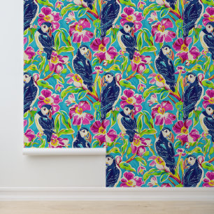 Cute puffins with pink flowers wallpaper