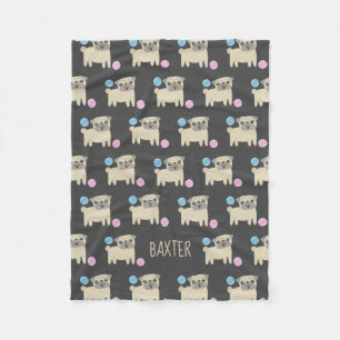 Cute Pug and Balls Pattern Personalised Dog Fleece Blanket