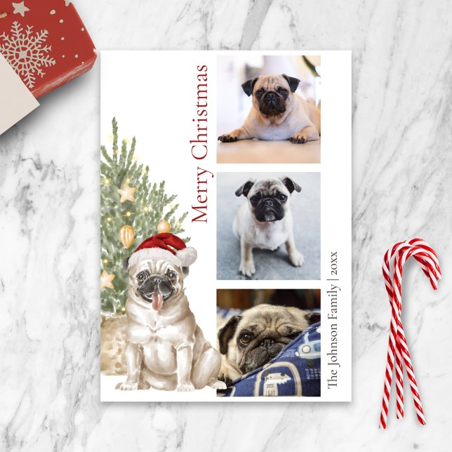 Cute Pug and Christmas Tree Pet Dog Photo Holiday Card (Creator Uploaded)