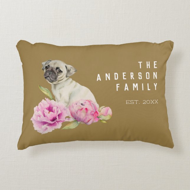 Cute Pug and Peonies | Add Your Family Name Decorative Cushion (Front)