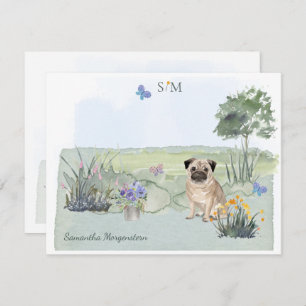 Cute Pug Butterfly Meadow  Monogram & Name     Card