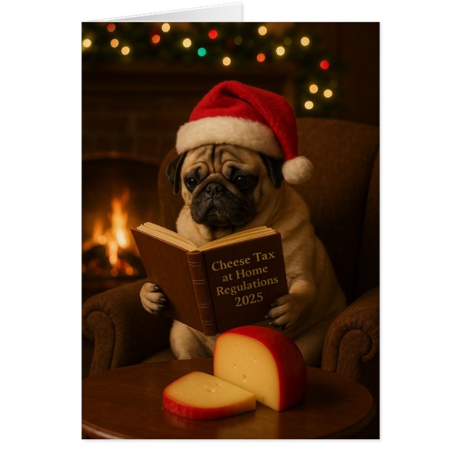 Cute Pug 'Cheese Tax' Christmas card (Front)