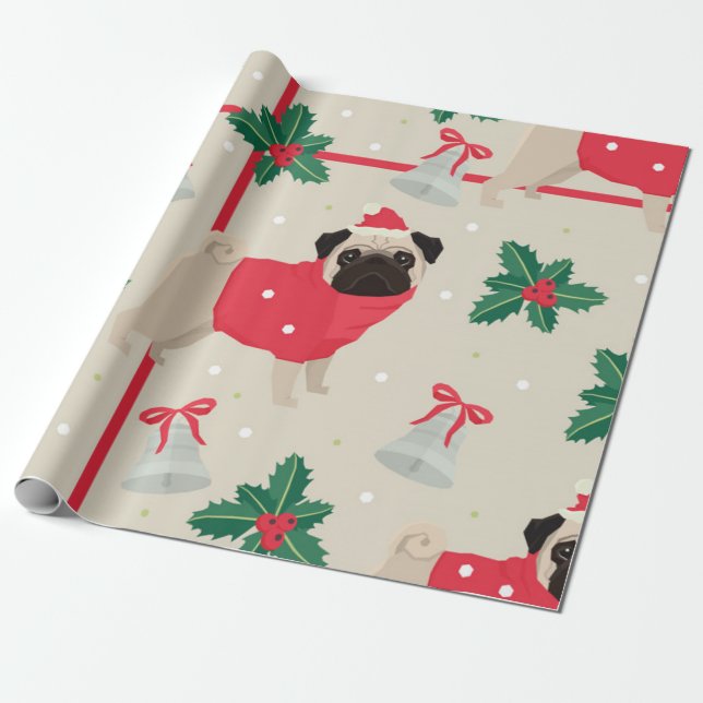 Cute Pug Christmas Pattern Wrapping Paper (Unrolled)