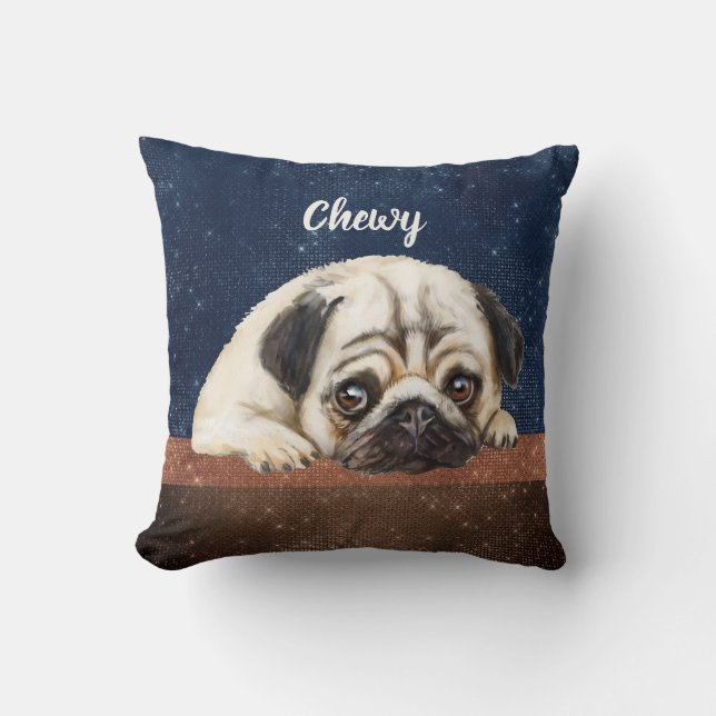 Cute Pug custom text blue-brown modern Cushion (Front)