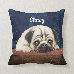 Cute Pug custom text blue-brown modern Cushion