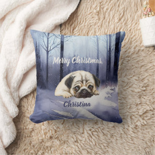 Cute Pug custom text Winter Forest edition Cushion