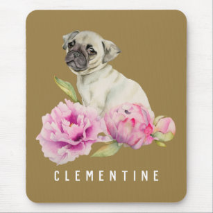 Cute Pug Dog and Peonies Watercolor Mouse Mat