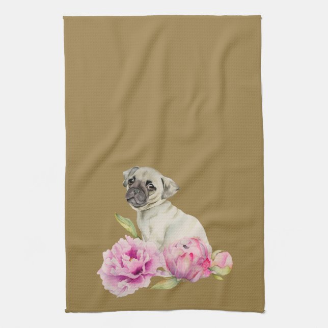 Cute Pug Dog and Peony Flowers Illustration Tea Towel (Vertical)