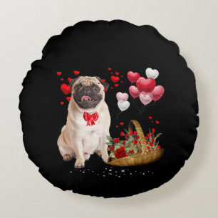 Cute Pug Dog Balloon Heart Valentines Day Round Cushion