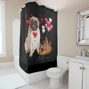 Cute Pug Dog Balloon Heart Valentine's Day Shower Curtain