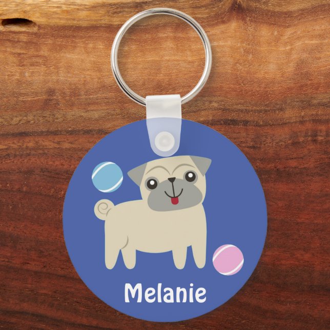 Cute Pug Dog Cartoon Personalised Key Ring (Front)
