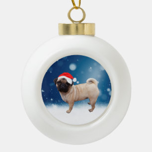 Cute Pug Dog Christmas Santa Hat Snow Stars Ceramic Ball Christmas Ornament