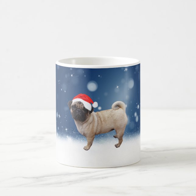 Cute Pug Dog Christmas Santa Hat Snow Stars Coffee Mug (Center)