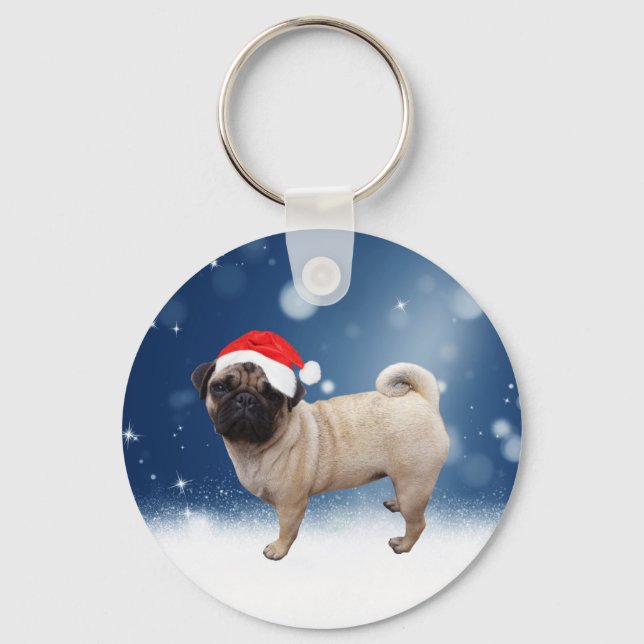 Cute Pug Dog Christmas Santa Hat Snow Stars Key Ring (Front)