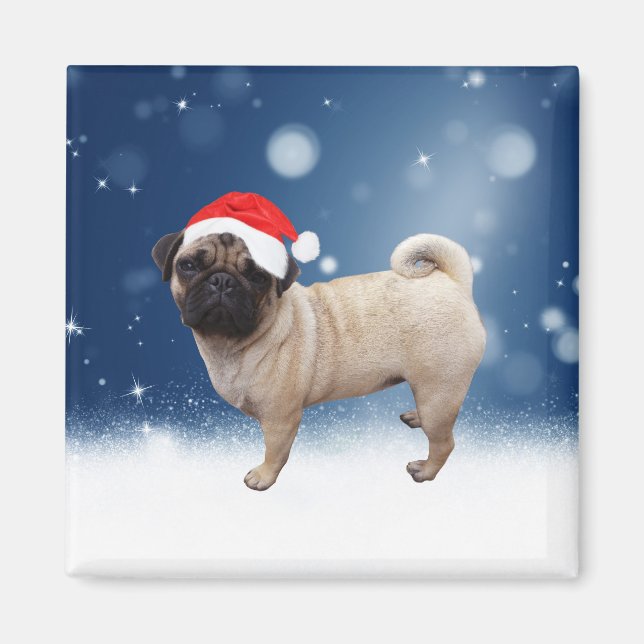 Cute Pug Dog Christmas Santa Hat Snow Stars Magnet (Front)