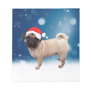 Cute Pug Dog Christmas Santa Hat Snow Stars Notepad