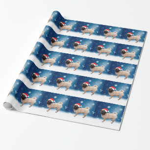 Cute Pug Dog Christmas Santa Hat Snow Stars Wrapping Paper