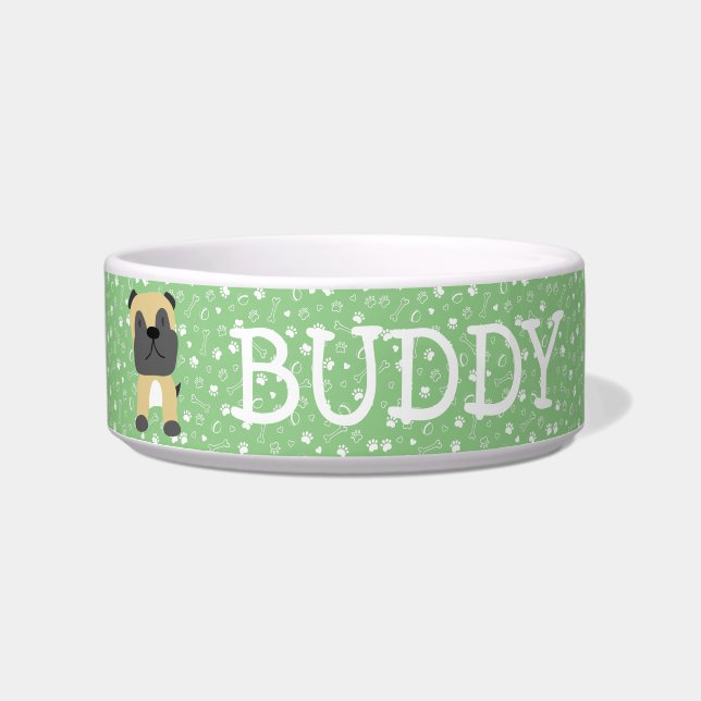 Cute Pug Dog Customisable Name Bowl (Front)