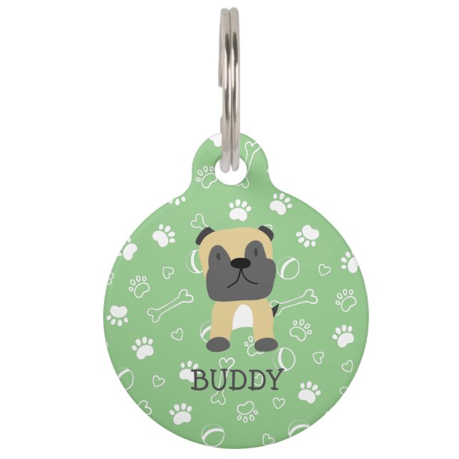 Cute Pug Dog Customisable Name Pet ID Tag (Front)