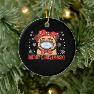 Cute Pug Dog Face Mask Merry Christmas Ceramic Tree Decoration