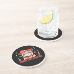 Cute Pug Dog Face Mask Merry Christmas Coaster