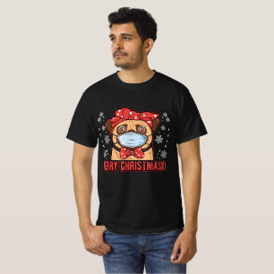 Cute Pug Dog Face Mask Merry Christmas T-Shirt