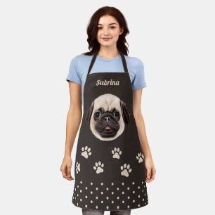 Cute Pug Dog Face Personalised Name All-Over Print Apron