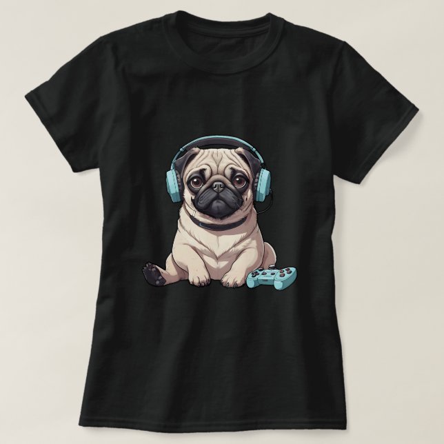 Cute Pug Dog for Video Game Lovers Gaming Fans T-Shirt (Design Front)
