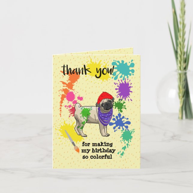 Cute Pug Dog Fun Art Birthday Party      Thank You Card (Front)