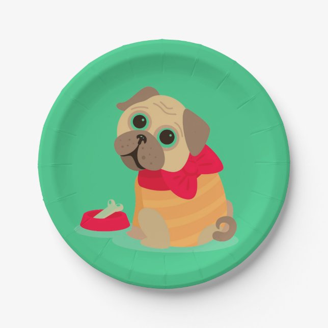 cute pug dog girl's birthday party paper plate (Front)