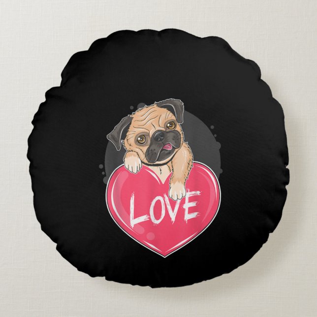 Cute Pug Dog Hearts Pug Valentine's Gift Round Cushion (Front)