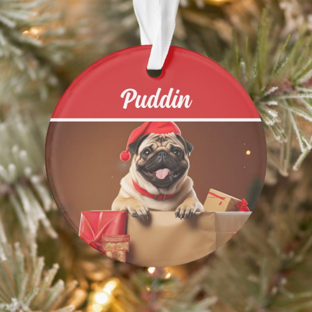Cute Pug Dog Holiday Christmas Photo Ornament (Tree)