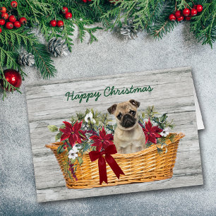 Cute Pug Dog in Basket Christmas Card
